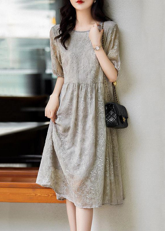 Women Grey Embroideried Wrinkled Patchwork Lace Dresses Summer Ada Fashion