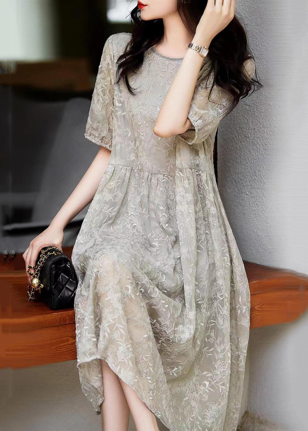 Women Grey Embroideried Wrinkled Patchwork Lace Dresses Summer Ada Fashion