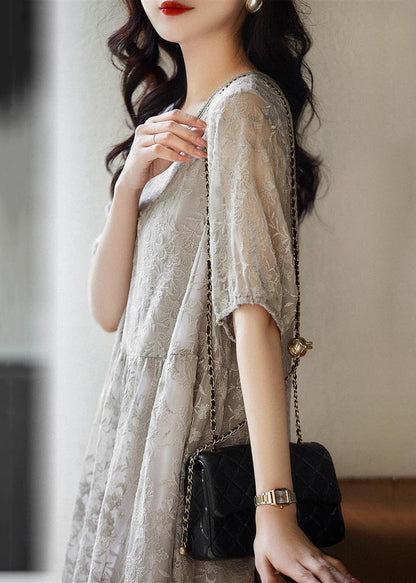 Women Grey Embroideried Wrinkled Patchwork Lace Dresses Summer Ada Fashion