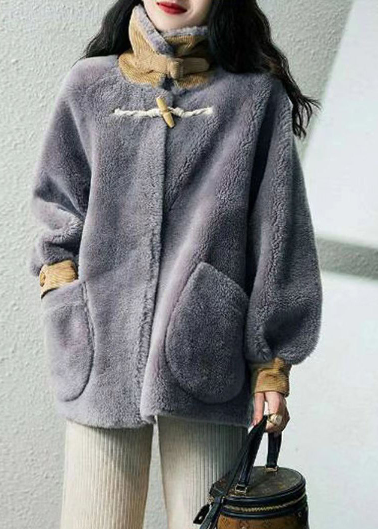 Women Grey Hign Neck Pockets Patchwork Wool Coats Winter Ada Fashion