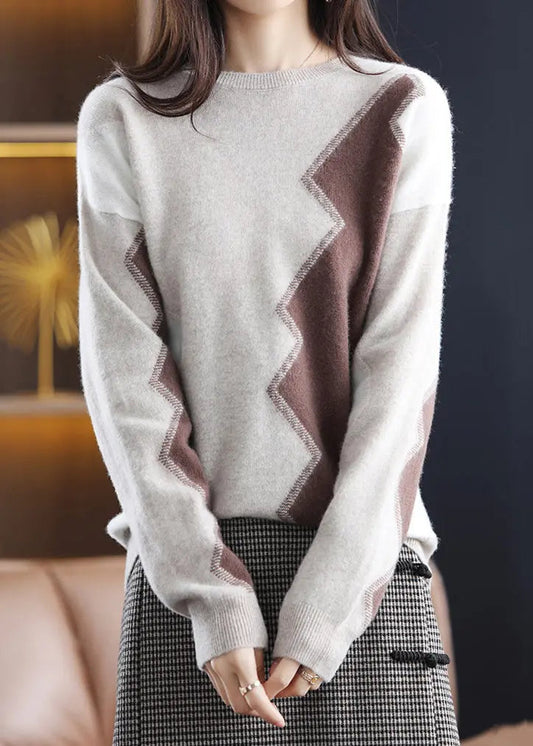 Women Grey O Neck Asymmetrical Patchwork Wool Sweaters Fall Ada Fashion