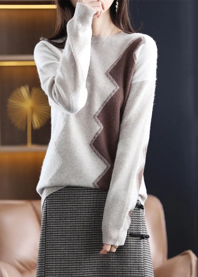 Women Grey O Neck Asymmetrical Patchwork Wool Sweaters Fall Ada Fashion