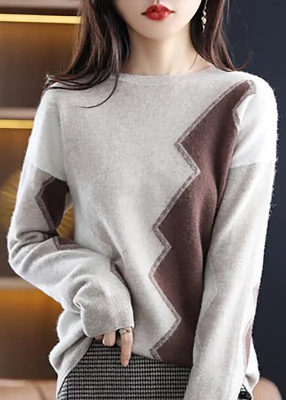 Women Grey O Neck Asymmetrical Patchwork Wool Sweaters Fall Ada Fashion