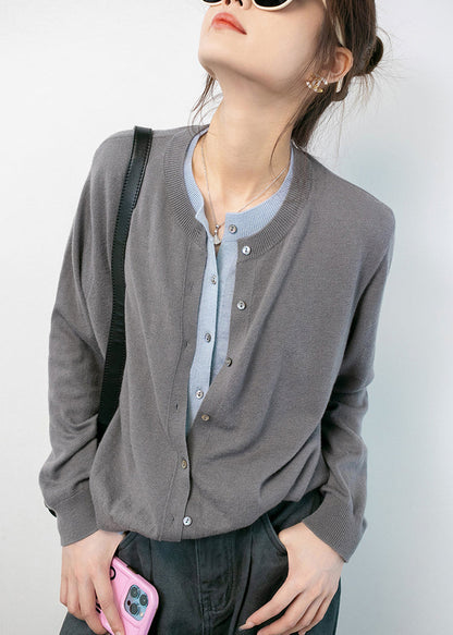 Grey O Neck Knit Coats Long Sleeve