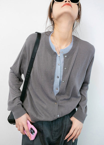 Grey O Neck Knit Coats Long Sleeve