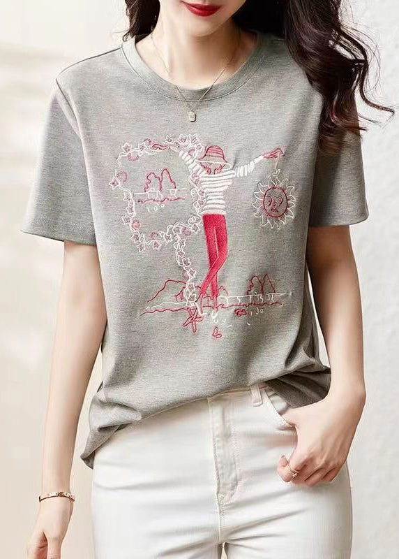 Women Grey O Neck Embroideried Patchwork Cotton T Shirt Summer Ada Fashion