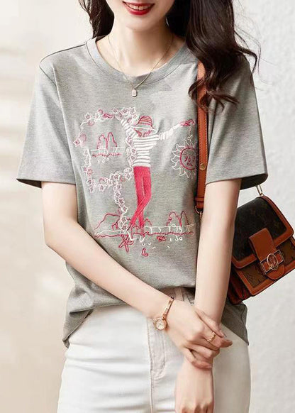 Women Grey O Neck Embroideried Patchwork Cotton T Shirt Summer Ada Fashion