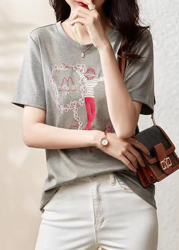 Women Grey O Neck Embroideried Patchwork Cotton T Shirt Summer Ada Fashion