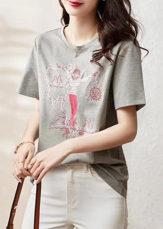 Women Grey O Neck Embroideried Patchwork Cotton T Shirt Summer Ada Fashion