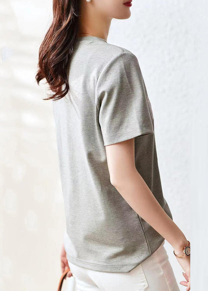 Women Grey O Neck Embroideried Patchwork Cotton T Shirt Summer Ada Fashion