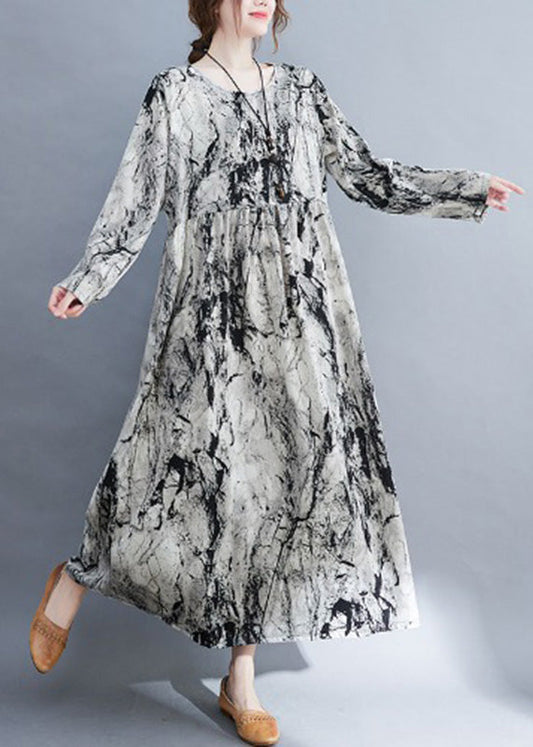 Women Grey O-Neck Patchwork Print Cozy Long Dress Fall Ada Fashion