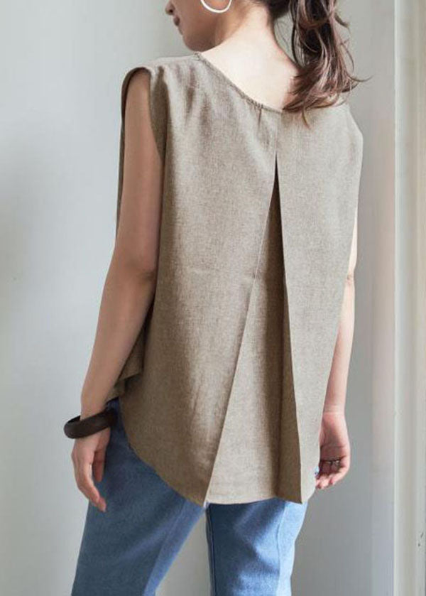 Women Grey O-Neck Wrinkled Linen Tops Sleeveless LY1357 - fabuloryshop