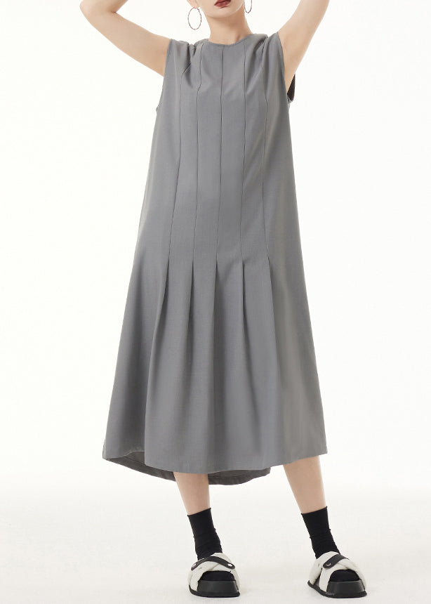 Women Grey O Neck Wrinkled Patchwork Spandex Long Dress Sleeveless Ada Fashion