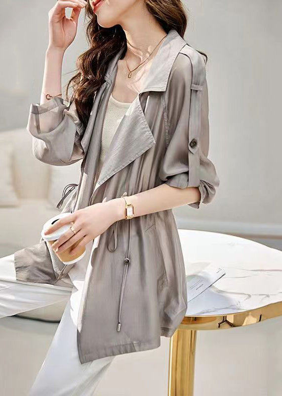 Women Grey Peter Pan Collar Drawstring Cotton Thin Coats Fall Ada Fashion