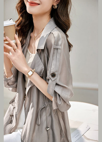 Women Grey Peter Pan Collar Drawstring Cotton Thin Coats Fall Ada Fashion