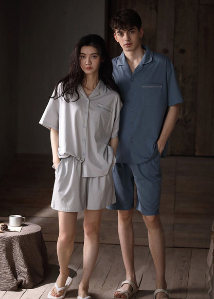 Women Grey Peter Pan Collar Patchwork Button Cotton Couple Pajamas Two Pieces Set Short Sleeve LY2828 - fabuloryshop