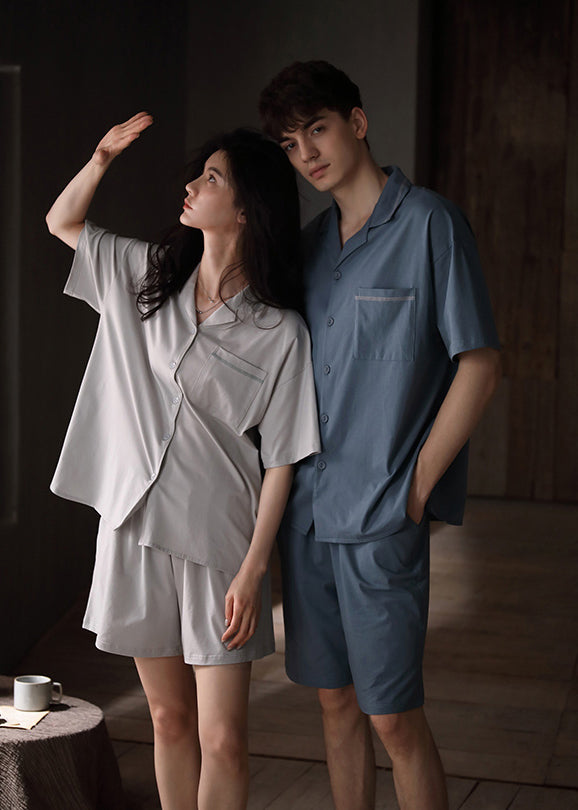 Women Grey Peter Pan Collar Patchwork Button Cotton Couple Pajamas Two Pieces Set Short Sleeve LY2828 - fabuloryshop