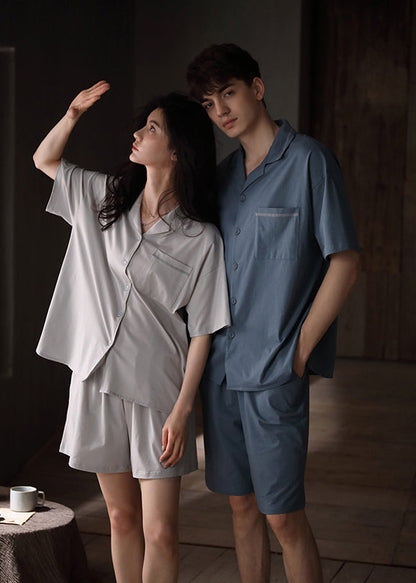 Women Grey Peter Pan Collar Patchwork Button Cotton Couple Pajamas Two Pieces Set Short Sleeve LY2828 - fabuloryshop