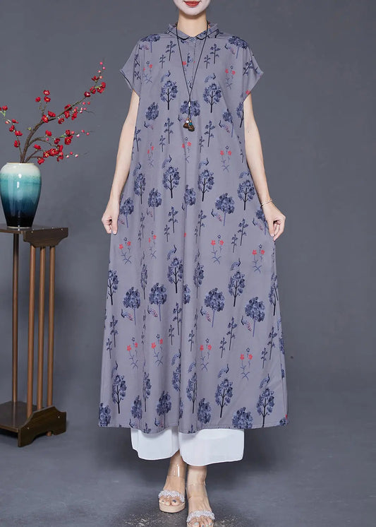 Women Grey Peter Pan Collar Print Silk Long Dress Summer Ada Fashion