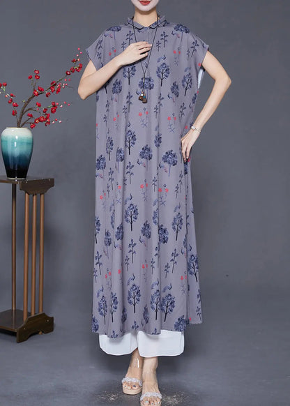 Women Grey Peter Pan Collar Print Silk Long Dress Summer Ada Fashion