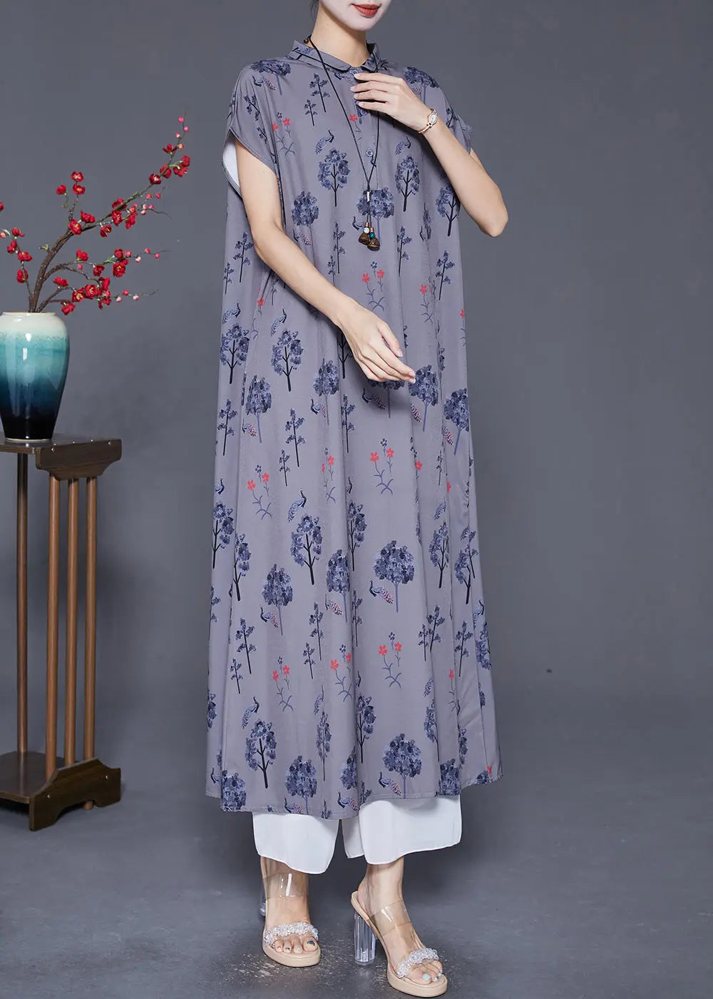 Women Grey Peter Pan Collar Print Silk Long Dress Summer Ada Fashion