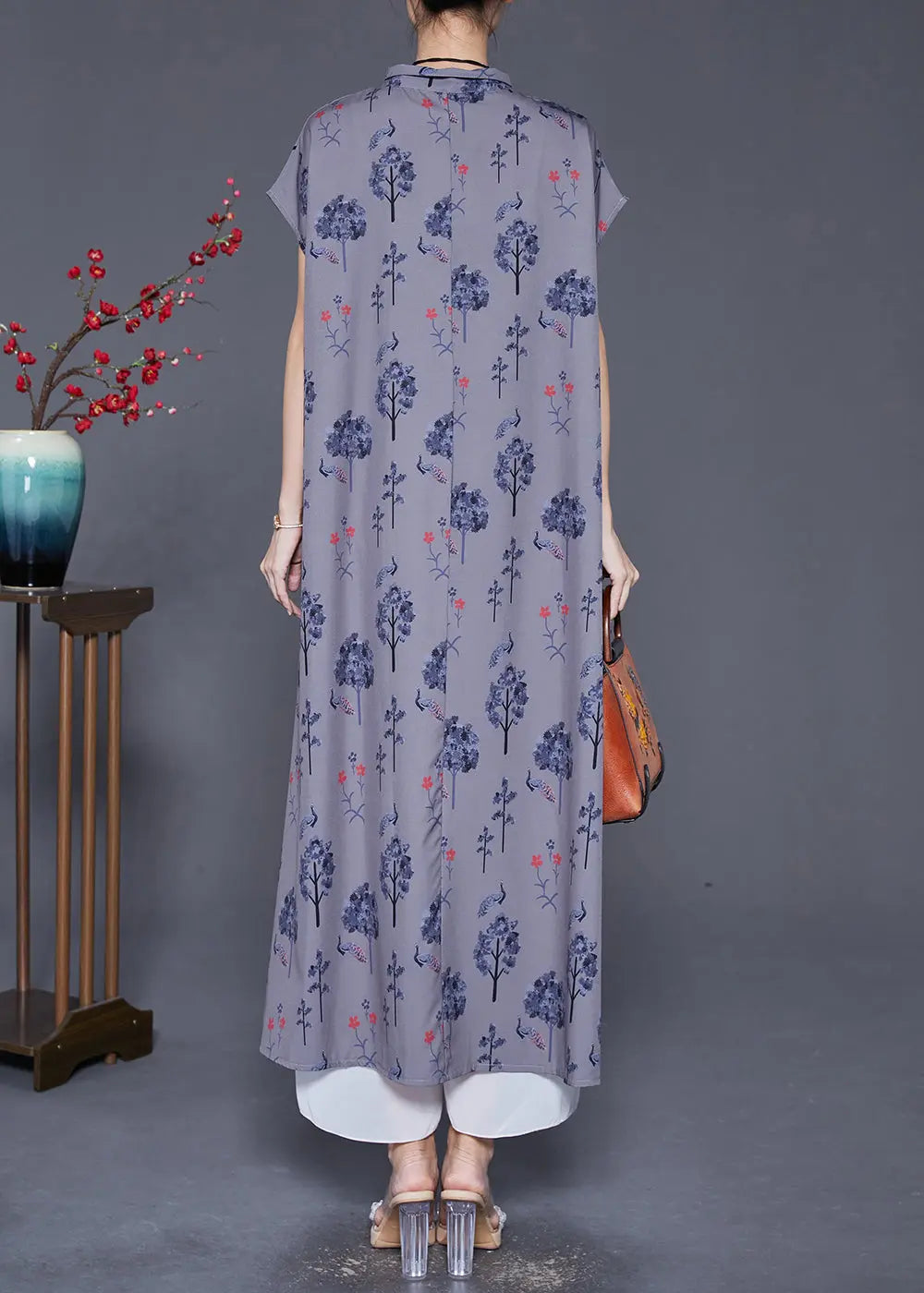 Women Grey Peter Pan Collar Print Silk Long Dress Summer Ada Fashion