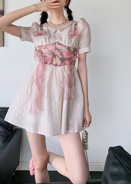 Women Grey Pink Bow Patchwork Print Silk Day Dress Summer LY0786 - fabuloryshop