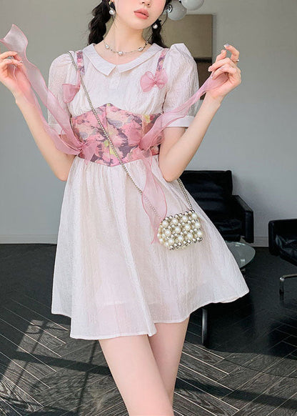 Women Grey Pink Bow Patchwork Print Silk Day Dress Summer LY0786 - fabuloryshop