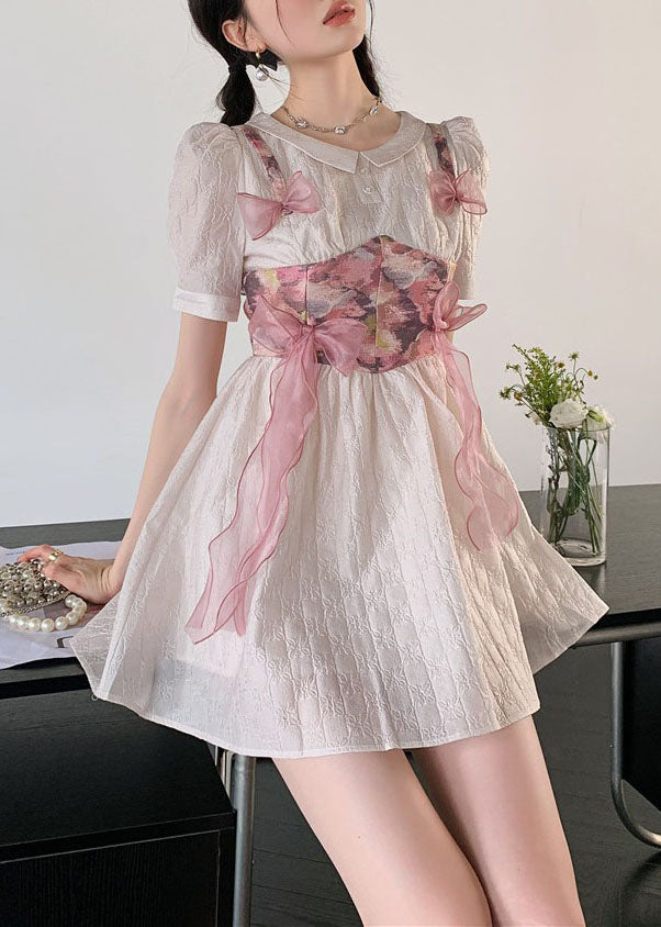 Women Grey Pink Bow Patchwork Print Silk Day Dress Summer LY0786 - fabuloryshop