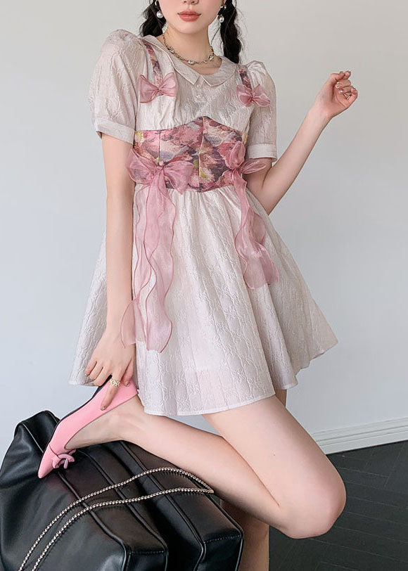 Women Grey Pink Bow Patchwork Print Silk Day Dress Summer LY0786 - fabuloryshop