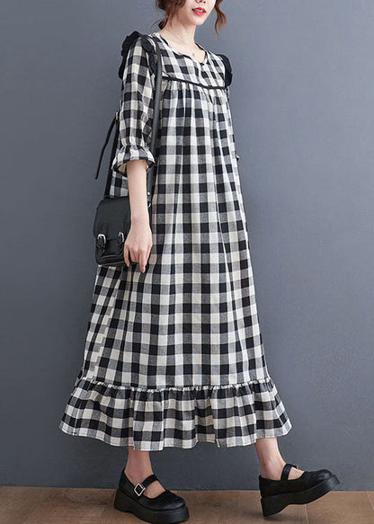 Women Grey Plaid Ruffled Patchwork Ruffles Cotton Dresses Summer LY0653 - fabuloryshop