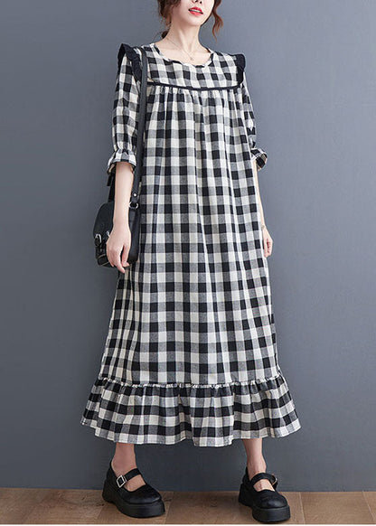 Women Grey Plaid Ruffled Patchwork Ruffles Cotton Dresses Summer LY0653 - fabuloryshop