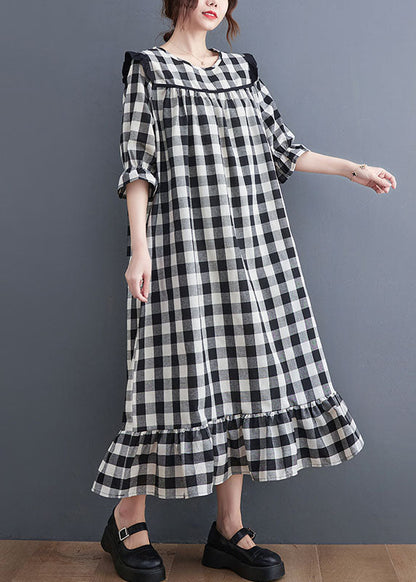 Women Grey Plaid Ruffled Patchwork Ruffles Cotton Dresses Summer LY0653 - fabuloryshop