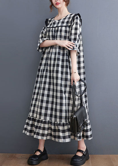 Women Grey Plaid Ruffled Patchwork Ruffles Cotton Dresses Summer LY0653 - fabuloryshop