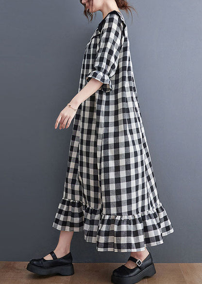 Women Grey Plaid Ruffled Patchwork Ruffles Cotton Dresses Summer LY0653 - fabuloryshop