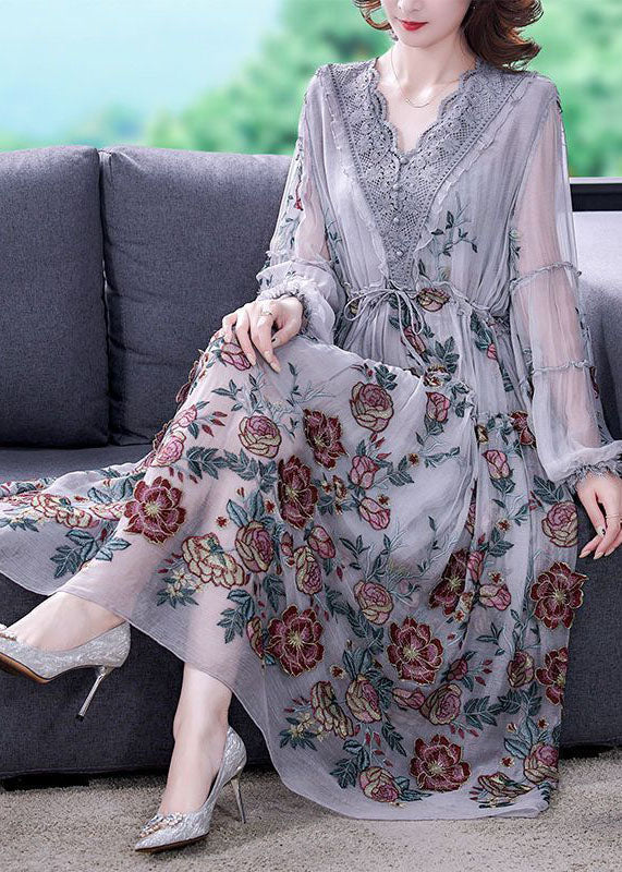 Women Grey V Neck Patchwork Embroideried Silk Cinched Dress Lantern Sleeve LY0516 - fabuloryshop