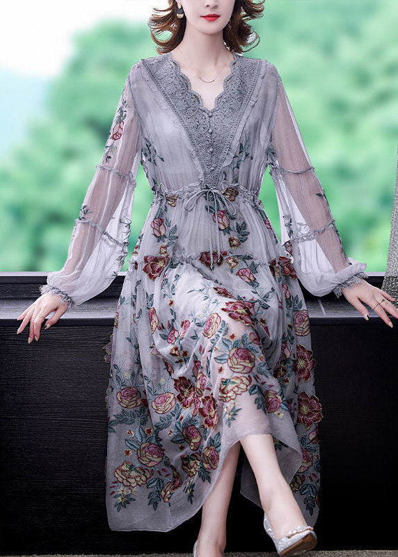 Women Grey V Neck Patchwork Embroideried Silk Cinched Dress Lantern Sleeve LY0516
