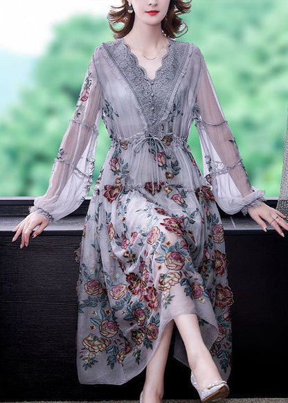 Women Grey V Neck Patchwork Embroideried Silk Cinched Dress Lantern Sleeve LY0516 - fabuloryshop