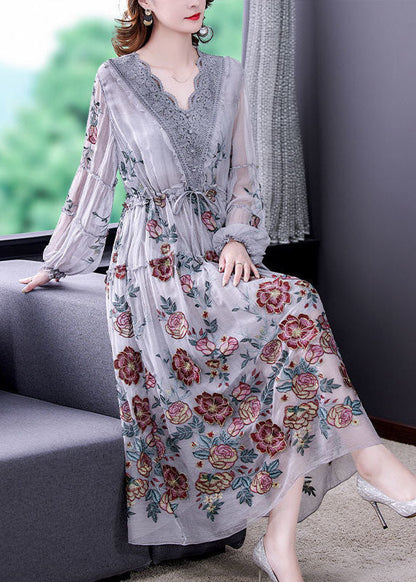 Women Grey V Neck Patchwork Embroideried Silk Cinched Dress Lantern Sleeve LY0516 - fabuloryshop