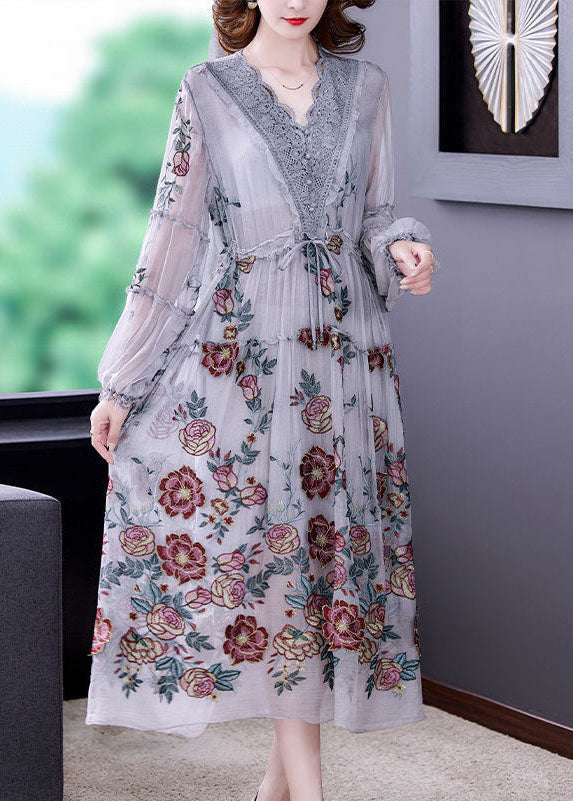 Women Grey V Neck Patchwork Embroideried Silk Cinched Dress Lantern Sleeve LY0516 - fabuloryshop