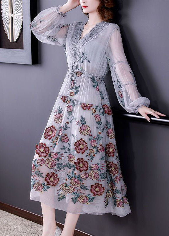 Women Grey V Neck Patchwork Embroideried Silk Cinched Dress Lantern Sleeve LY0516