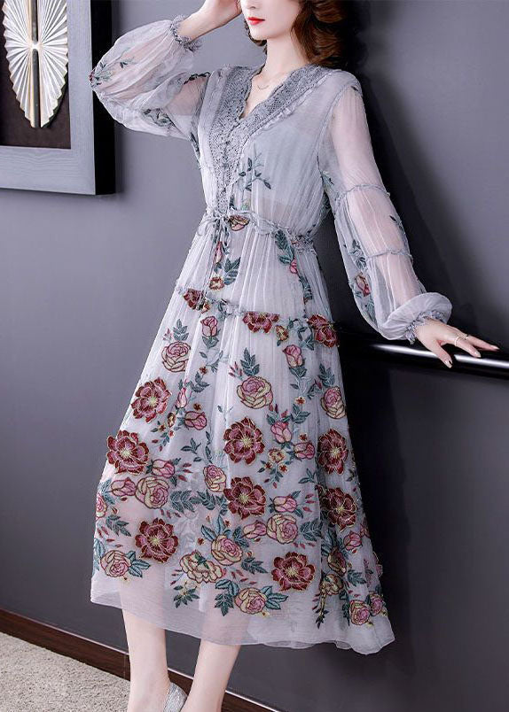 Women Grey V Neck Patchwork Embroideried Silk Cinched Dress Lantern Sleeve LY0516 - fabuloryshop