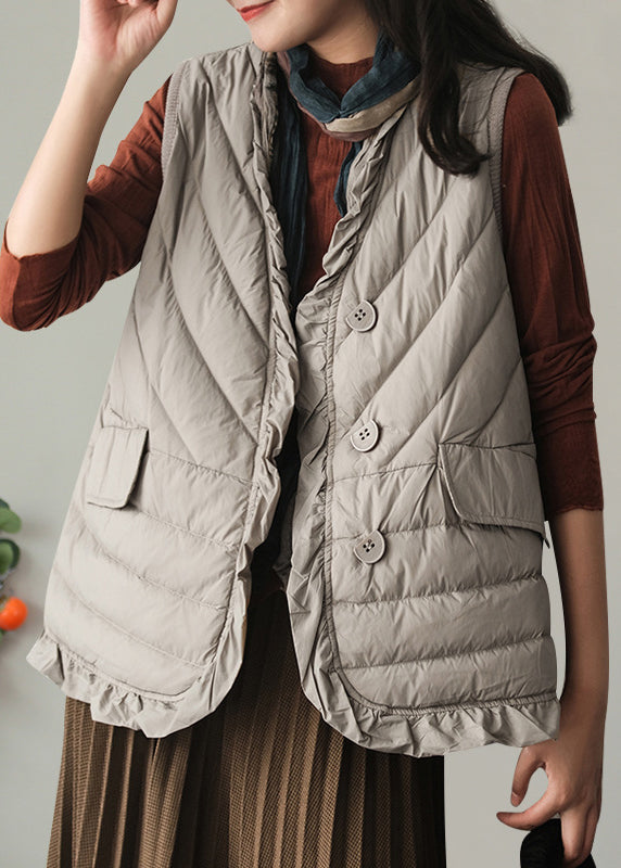 Women Grey V Neck Pockets Duck Down Waistcoat Winter Ada Fashion