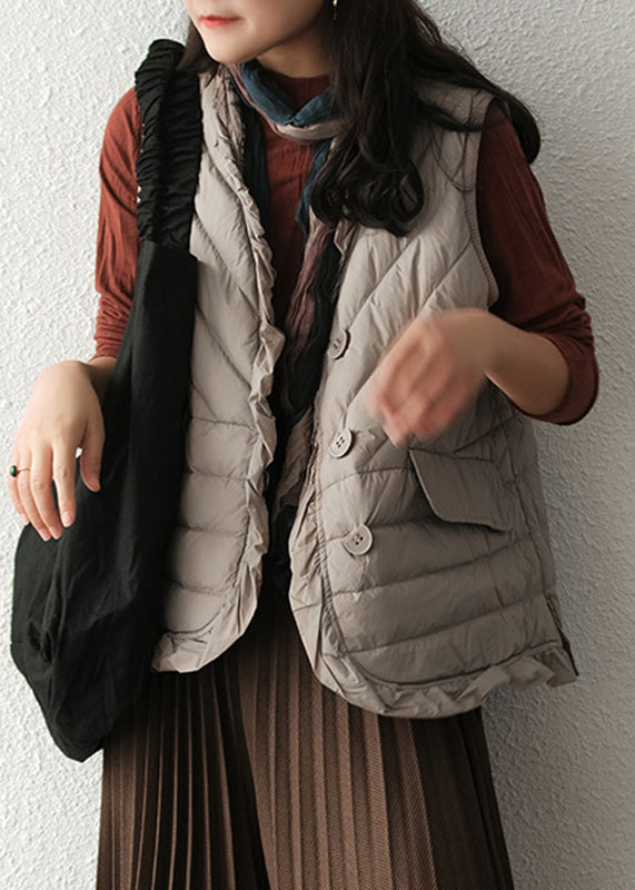 Women Grey V Neck Pockets Duck Down Waistcoat Winter Ada Fashion