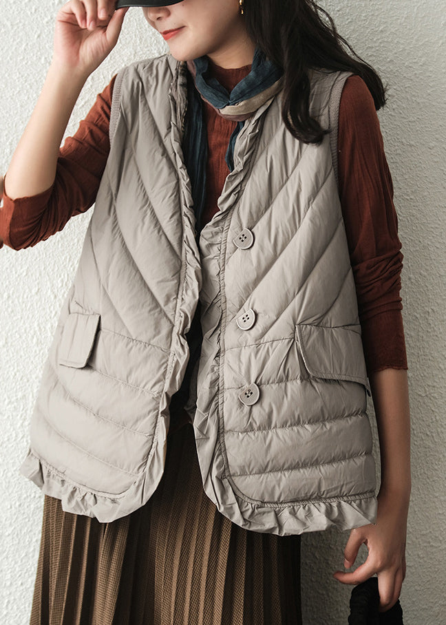 Women Grey V Neck Pockets Duck Down Waistcoat Winter Ada Fashion