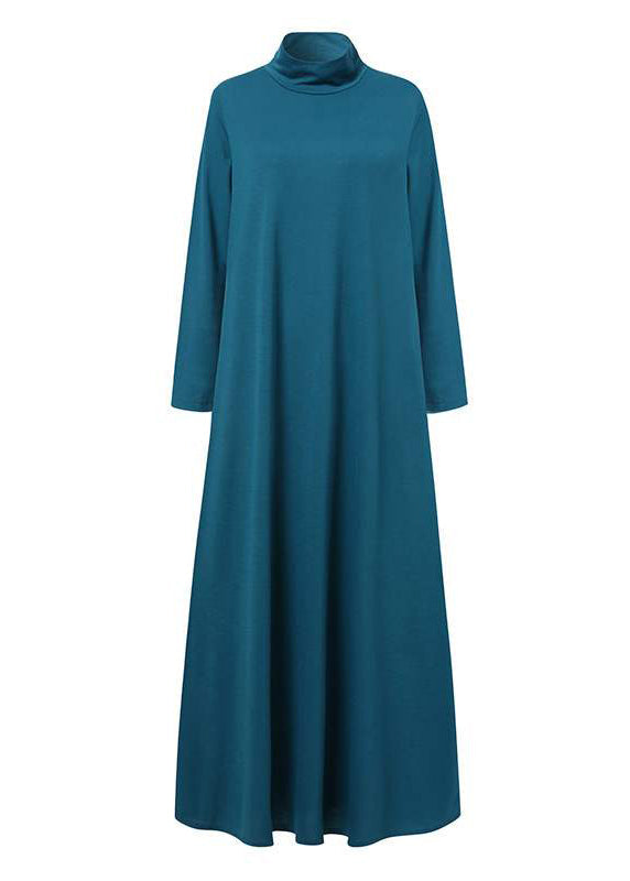 Women Grid Printed Button Down Front Elastic Cuff Bohemian O-Neck Maxi Shirt Dress Blue LC0031