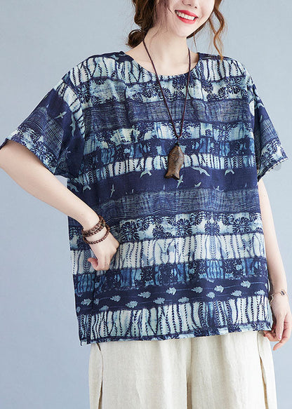 Women Ink Blue O Neck Patchwork Cotton T Shirt Top Summer LY5297 - fabuloryshop