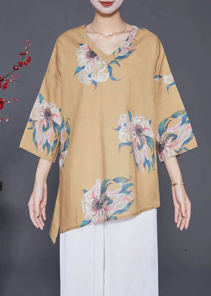 Women Khaki Asymmetrical Print Linen Shirts Summer Ada Fashion