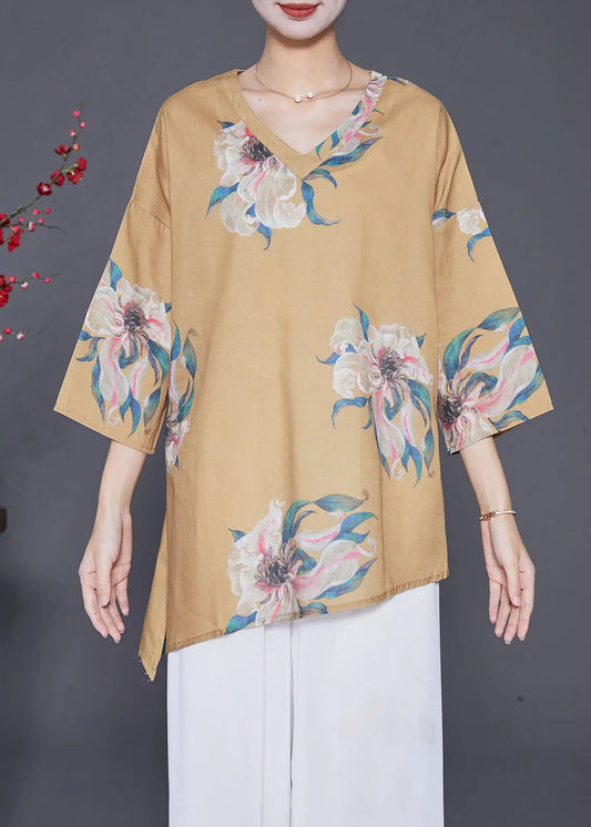 Women Khaki Asymmetrical Print Linen Shirts Summer Ada Fashion