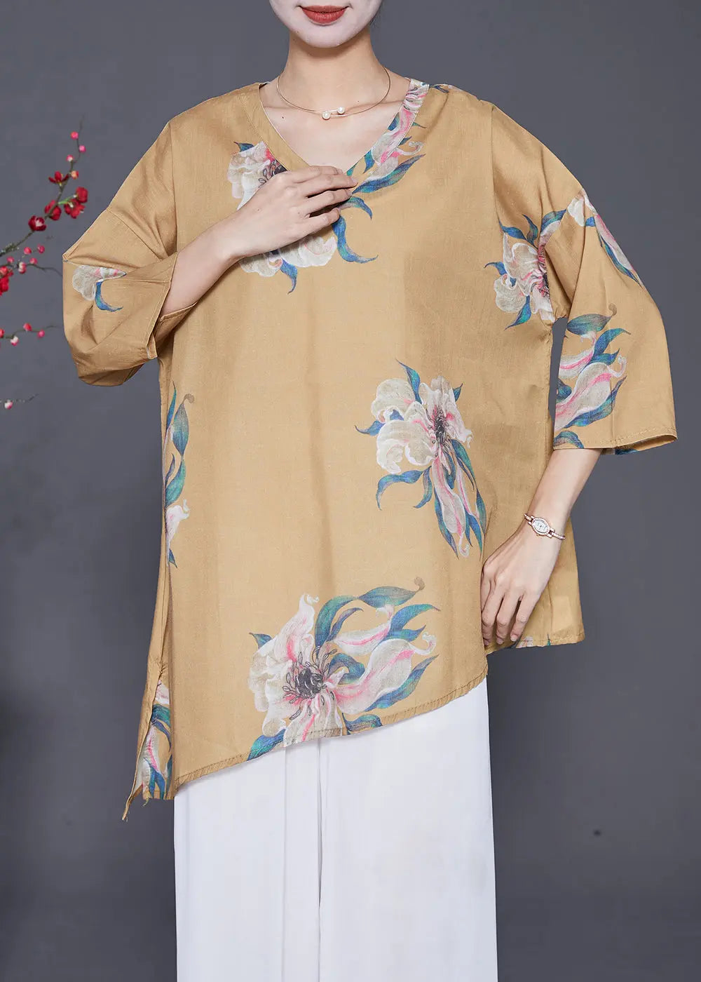 Women Khaki Asymmetrical Print Linen Shirts Summer Ada Fashion